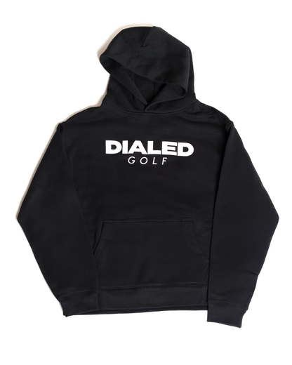 Front view of the Dialed Core™ Hoodie in black featuring a clean logo and relaxed silhouette.