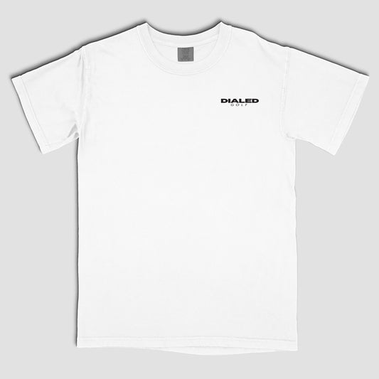 white Bomb Drives Not Countries Dialed Golf graphic tee with front logo design
