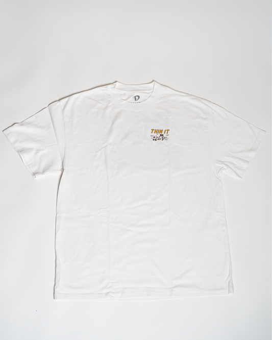 Front view of the Thin It to Win It heavyweight white tee with a clean, minimal look.
